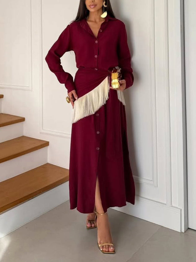 Lässiges Maxikleid im Wickelstil mit Fransen und Knopfleiste