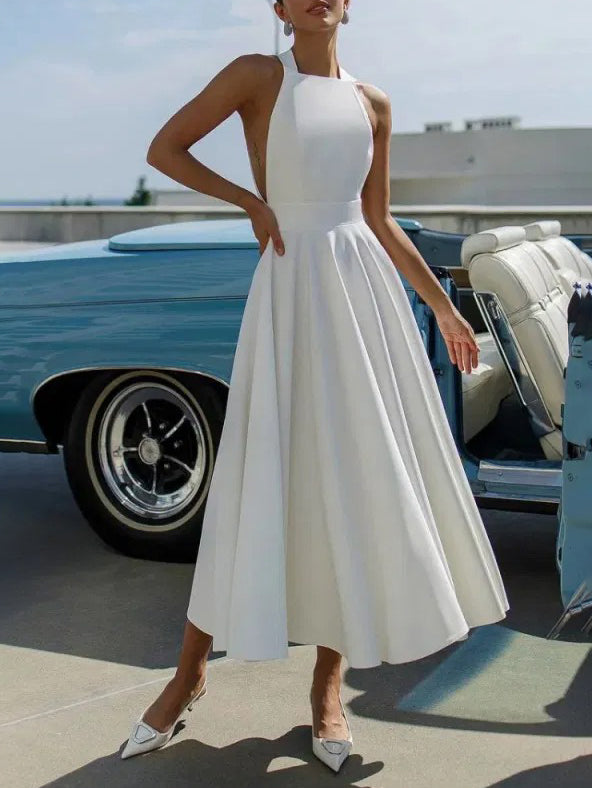 Elegant Halter Neck A-Line Midi Dress