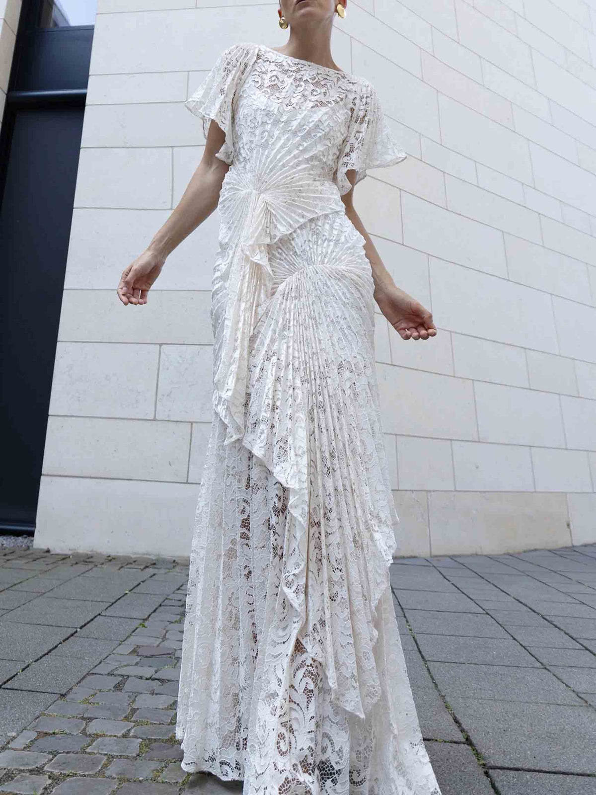 Elegant Lace Ruched Ruffle Party Maxi Dress