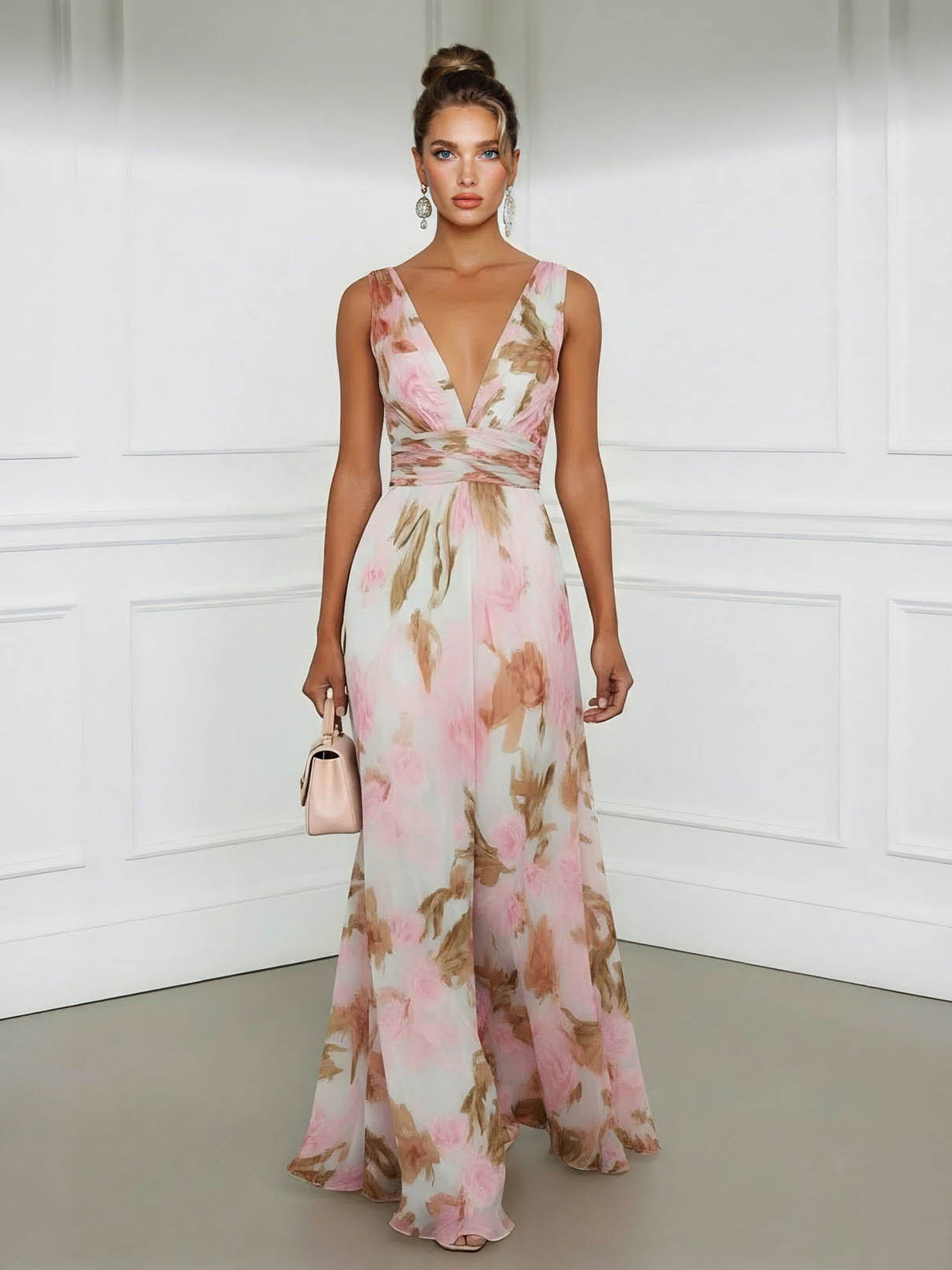 Elegant Pastel Print V-Neck Tie-Waist Slit Maxi Dress