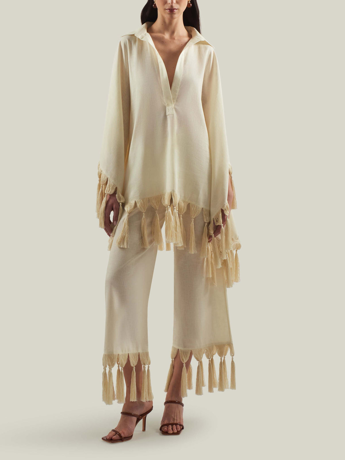 Exquisite Fringe Trim Shirt & Wide-Leg Pants Two-Piece Set