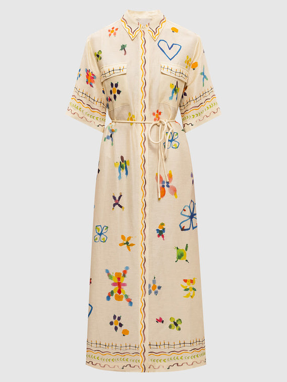 Robe-chemise midi élégante à imprimé aquarelle peint à la main