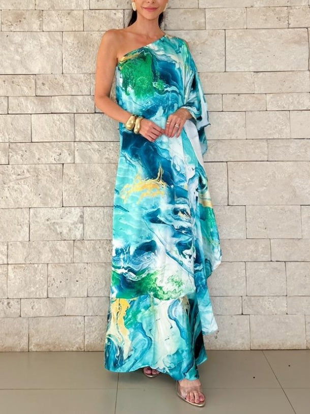 Elegant Satin Marble Print One-Shoulder Maxi Dress