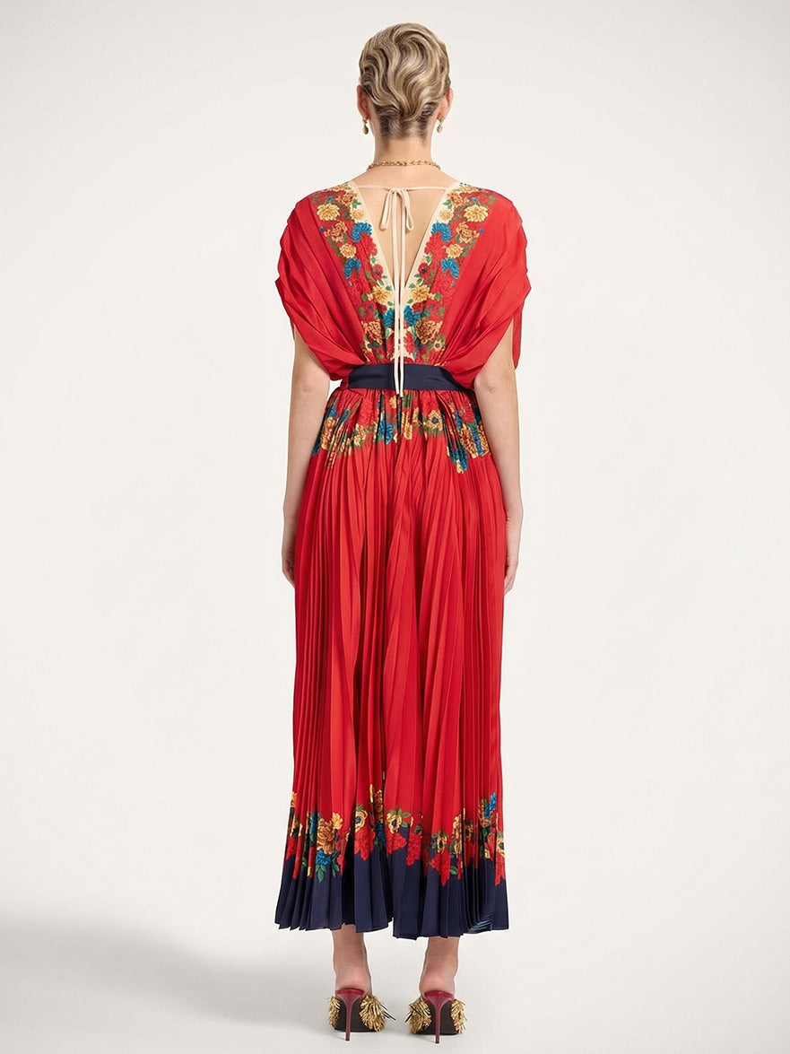 Exquisite V-Neck Pleated Print Maxi Dress