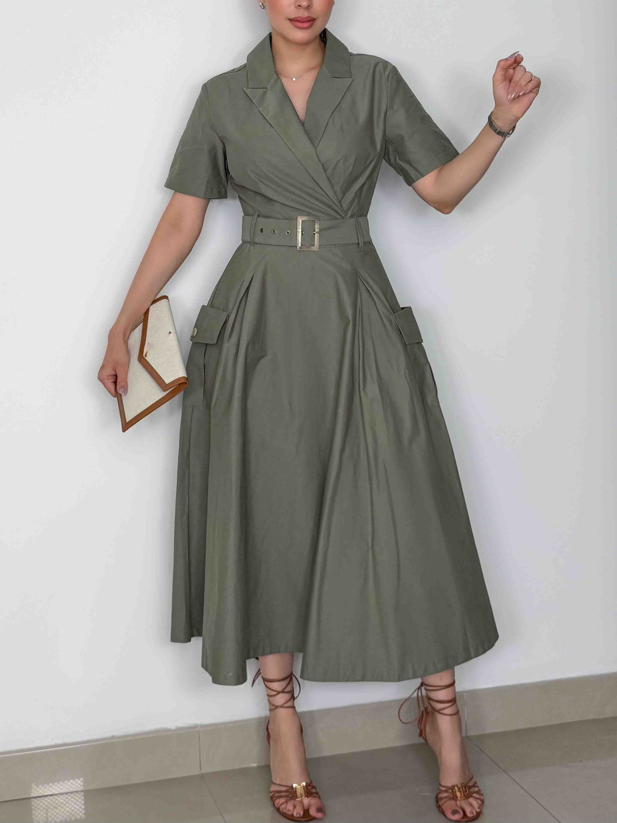 Casual Notched Collar Short-Sleeve Tie-Waist Shirt Midi Dress