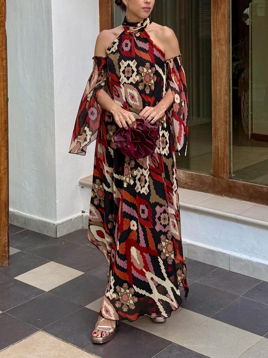 Retro Bohemian Geometric Print Convertible Sleeve Maxi Dress