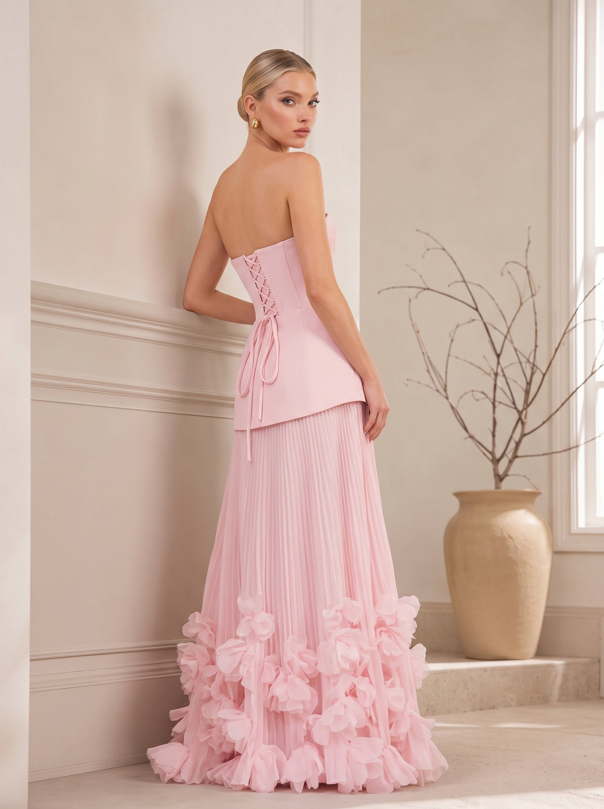 Strapless Fitted Bodice Pleated Maxi Gown With 3D Floral Hem