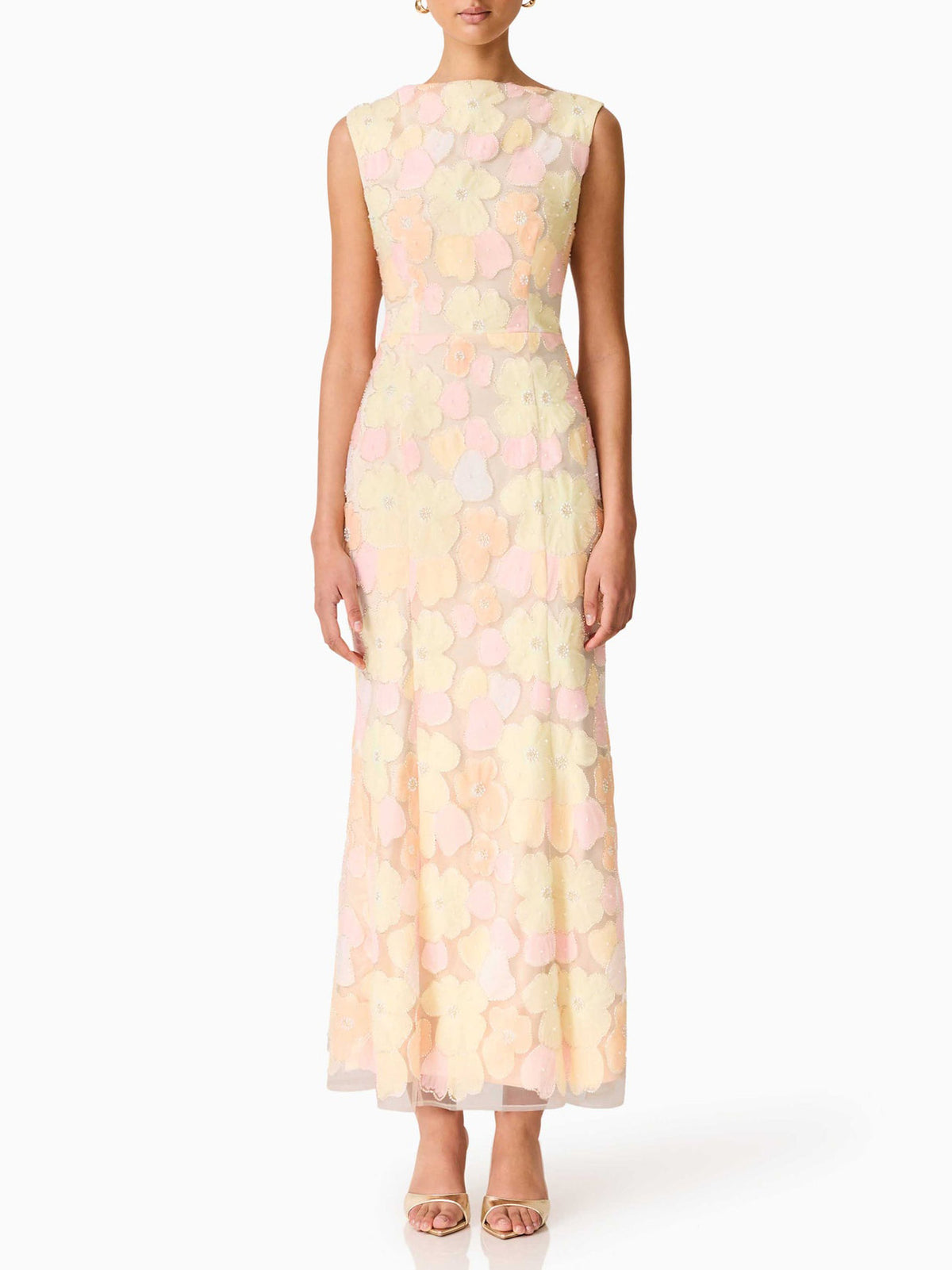 Elegante abito lungo in tulle a rete con stampa floreale pastello