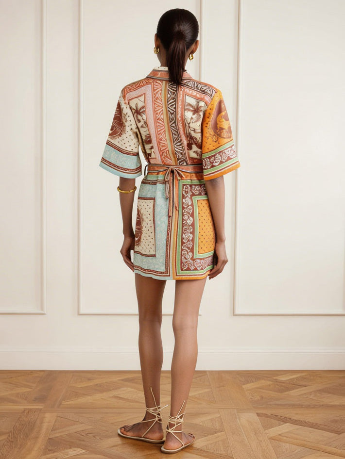 Robe-chemise rétro à manches courtes, imprimé foulard et lien à nouer devant