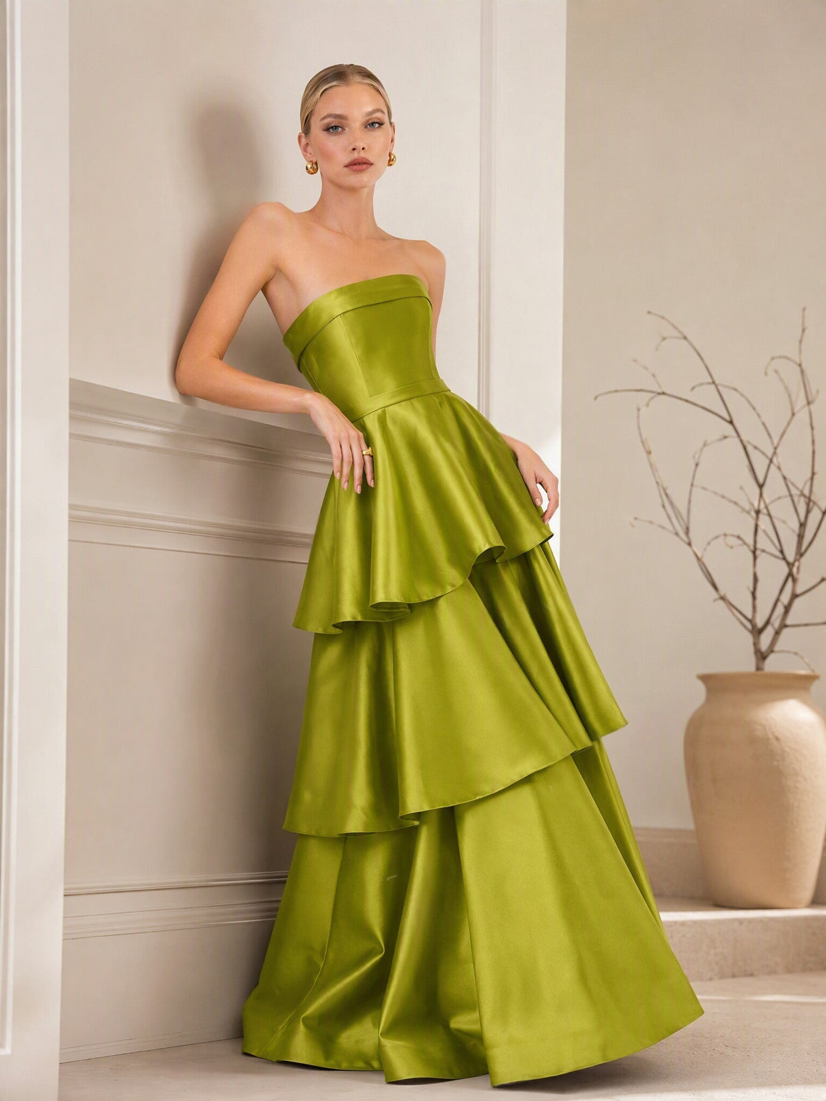 Strapless Tiered Satin Maxi Evening Gown