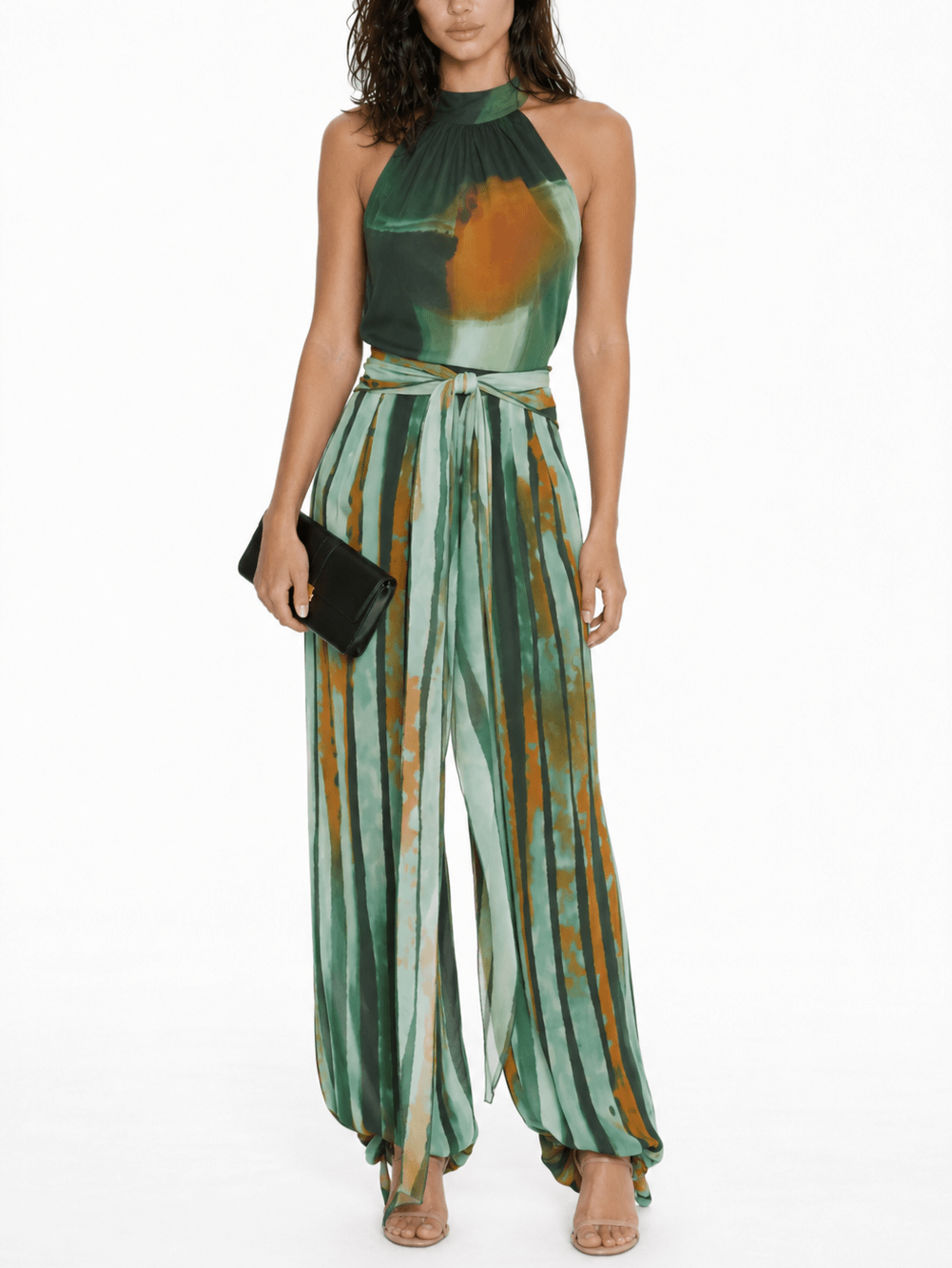 Abstract Watercolor Print Halter & Pants Two-Piece Set