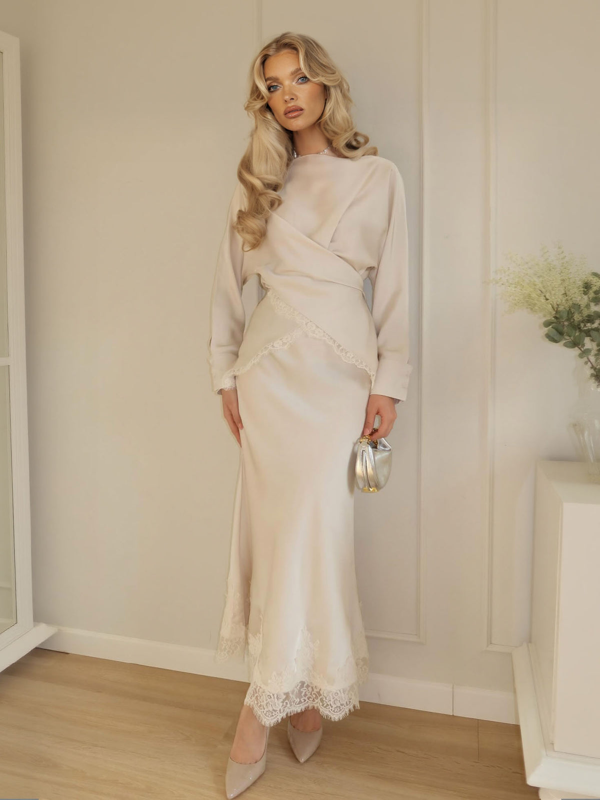 Elegant Satin Lace-trimmed Wrap Top Two-piece Set