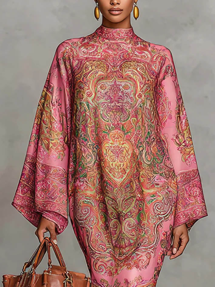 Retro Paisley Print Round Neck Flared Sleeve Midi Dress