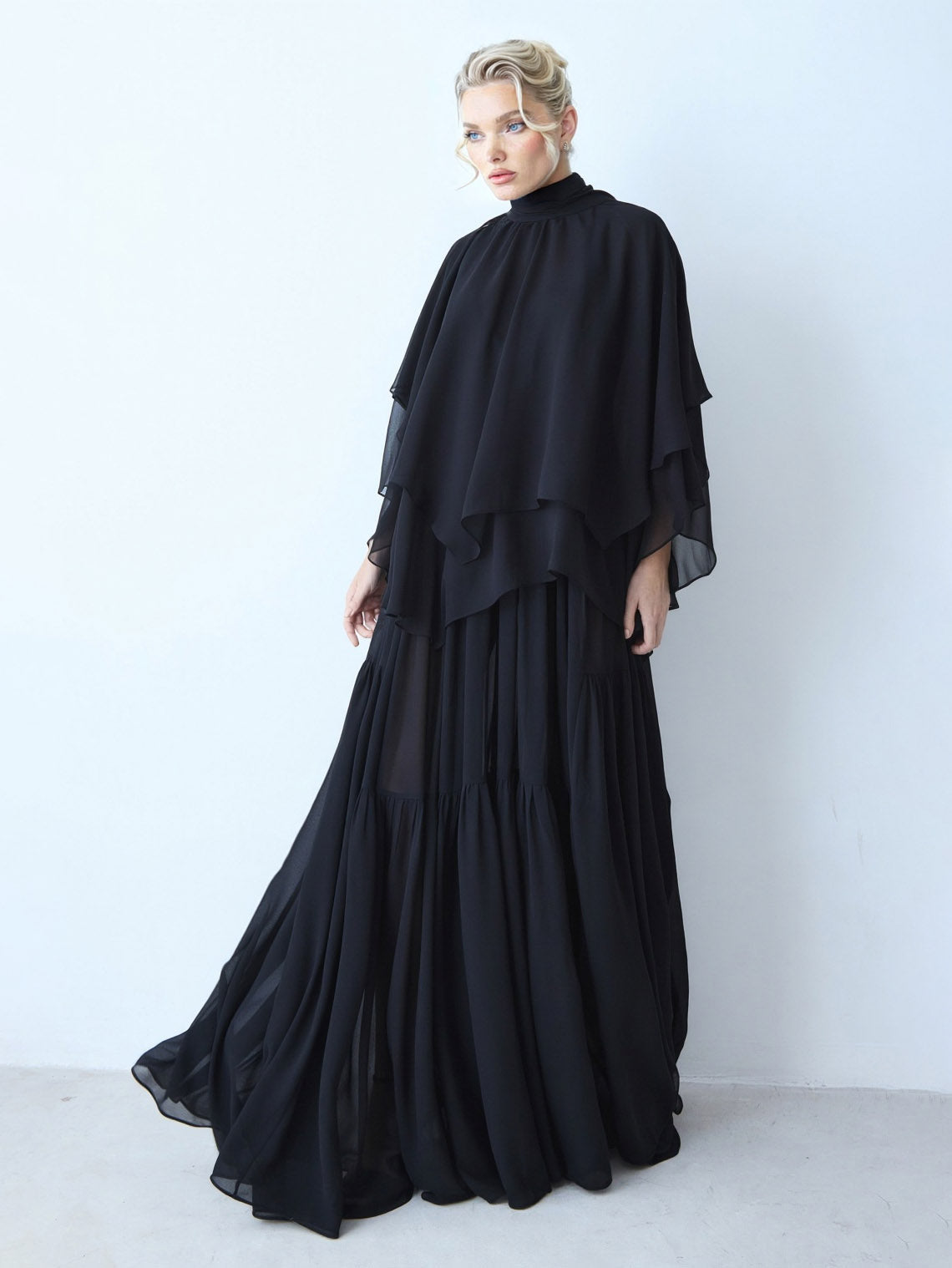Elegant Chiffon Cape Top And Tiered Maxi Skirt Two-Piece Set