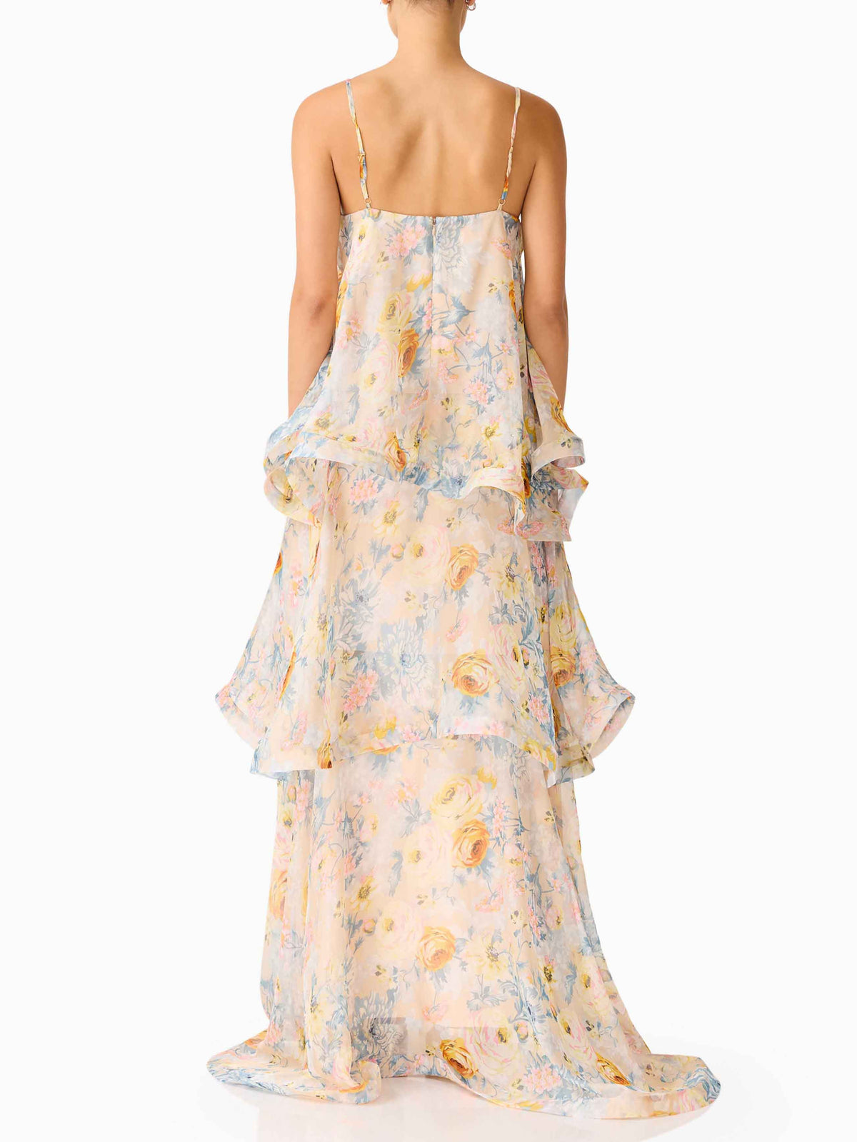 Vestido comprido elegante e fluido em chiffon, com estampado floral e camadas