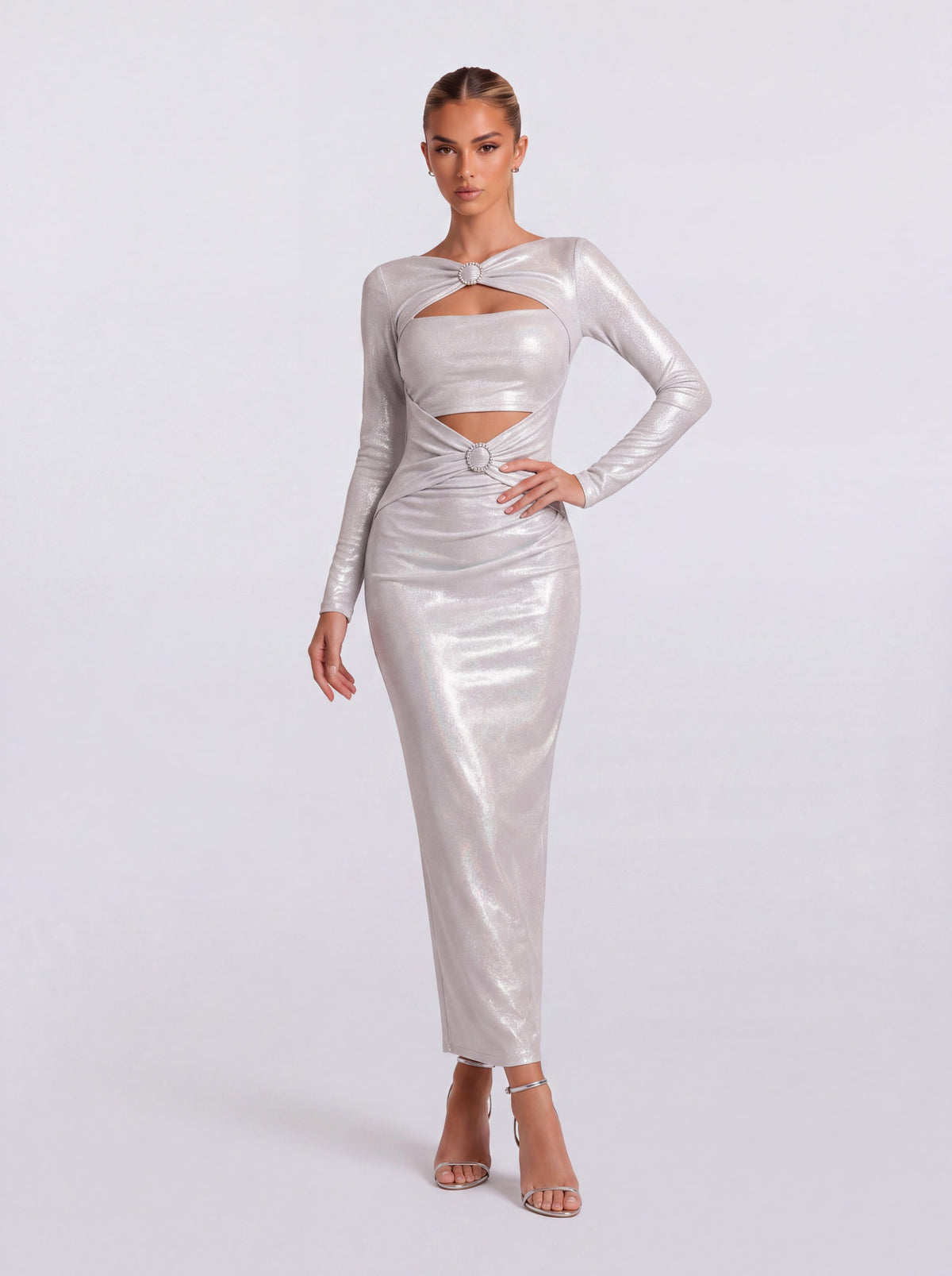 Bright-Face Ring Hollow-Out Long-Sleeved Slim-Fit Hip Mid-Length Dress