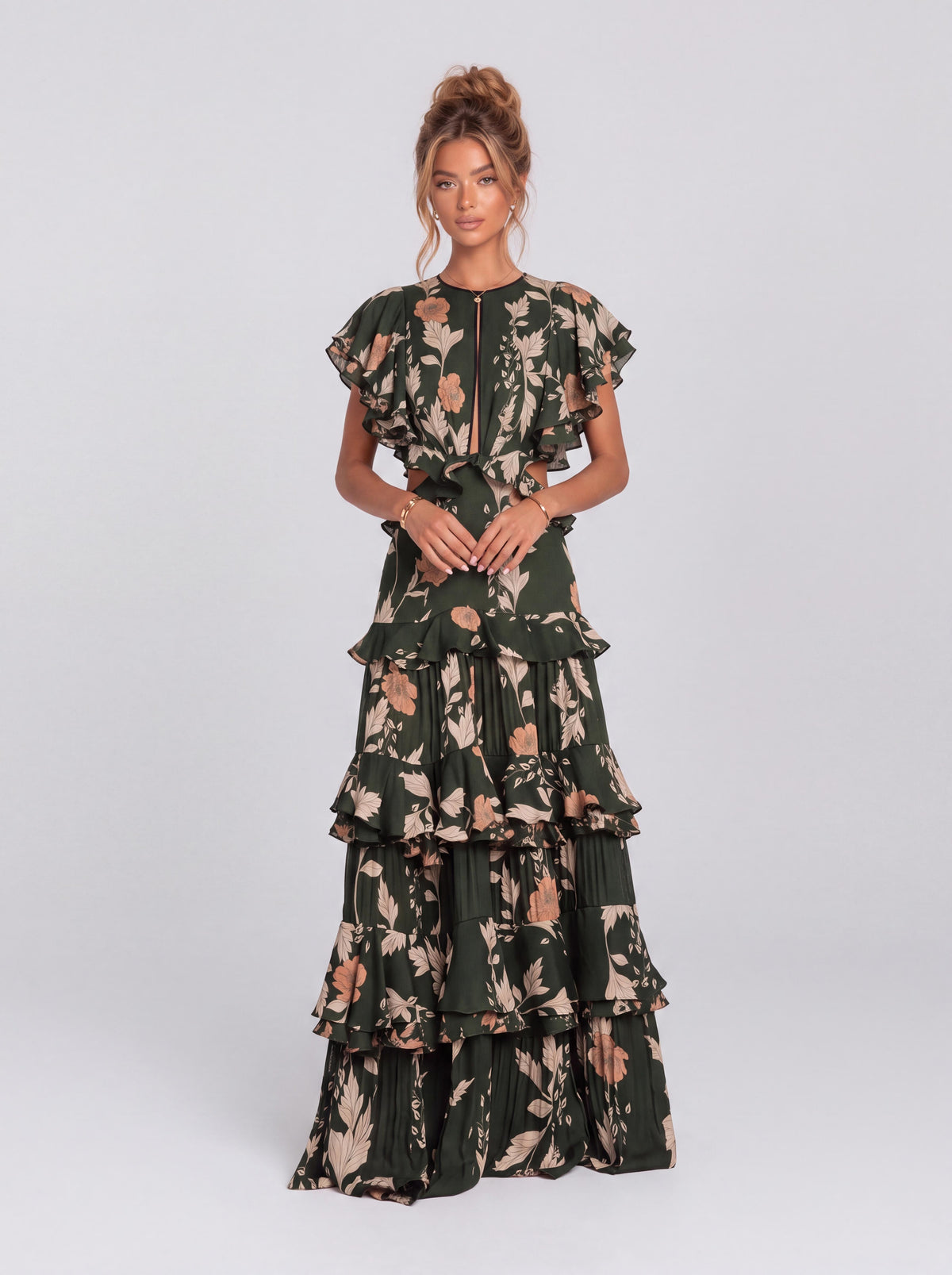 Dark Green Floral Ruffled Waist Layered Long Holiday Dress