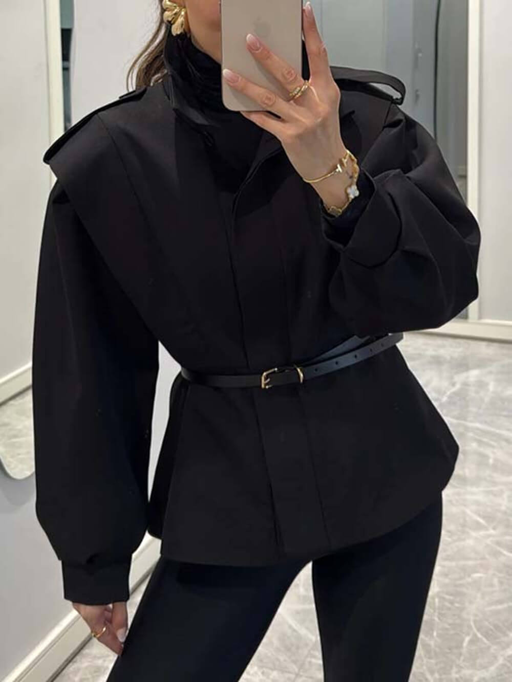 Modern Bold Stand Collar Button-Up Lantern Sleeve Loose Jacket
