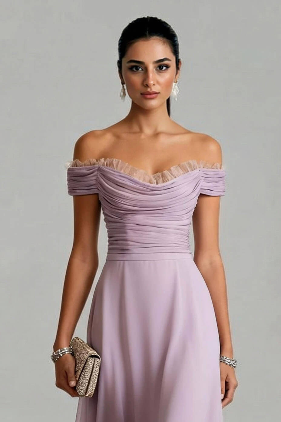 Elegantes ärmelloses A-Linien-Midikleid aus Chiffon mit Schößchen, Falten und Carmen-Ausschnitt