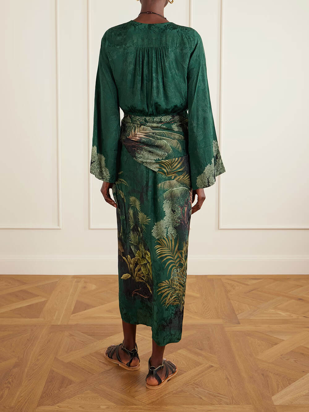 Fashionable Printed Satin Wrap Midi Dress