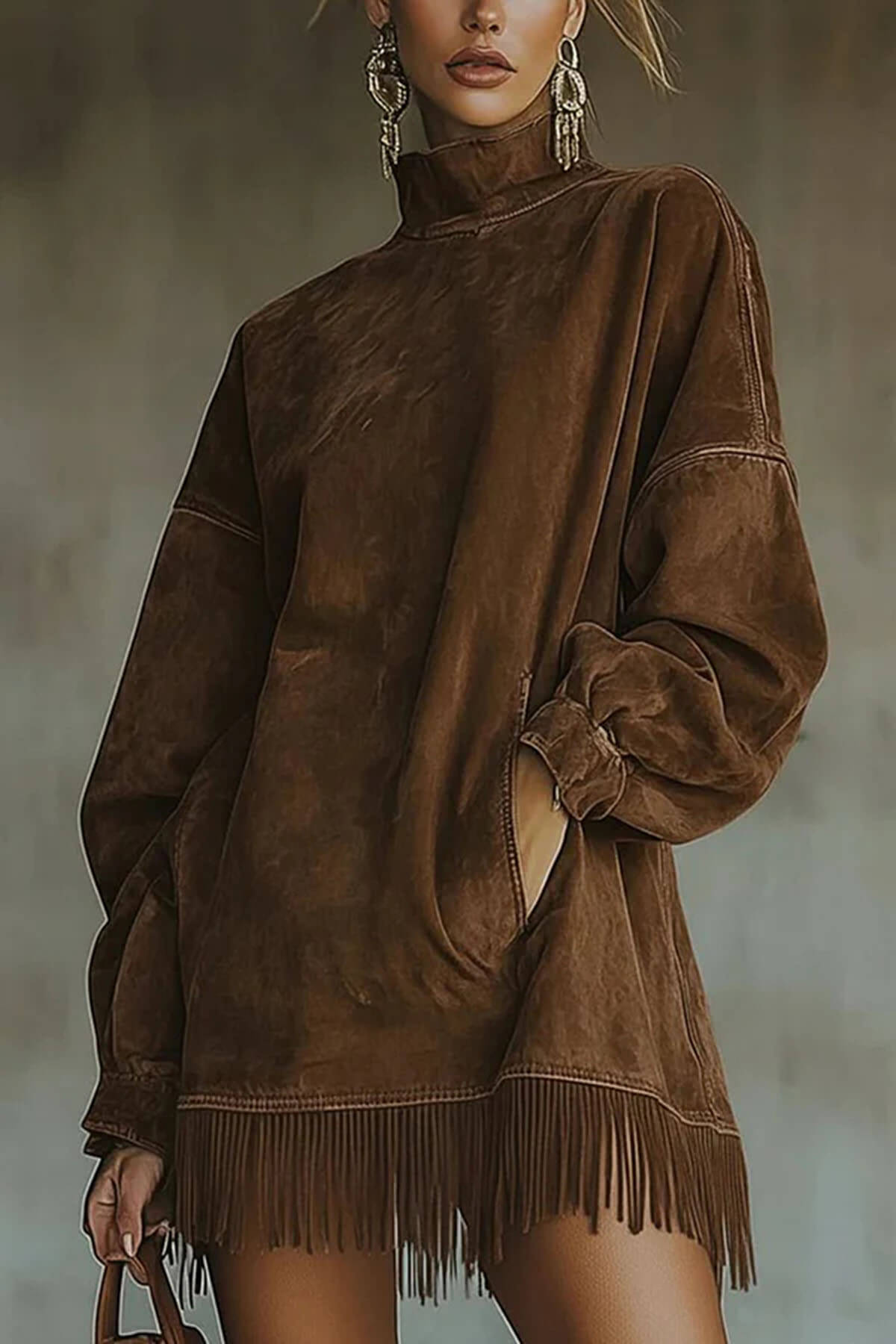 Fashion Tassel Patchwork High Neck Loose Pocket Mini Dress
