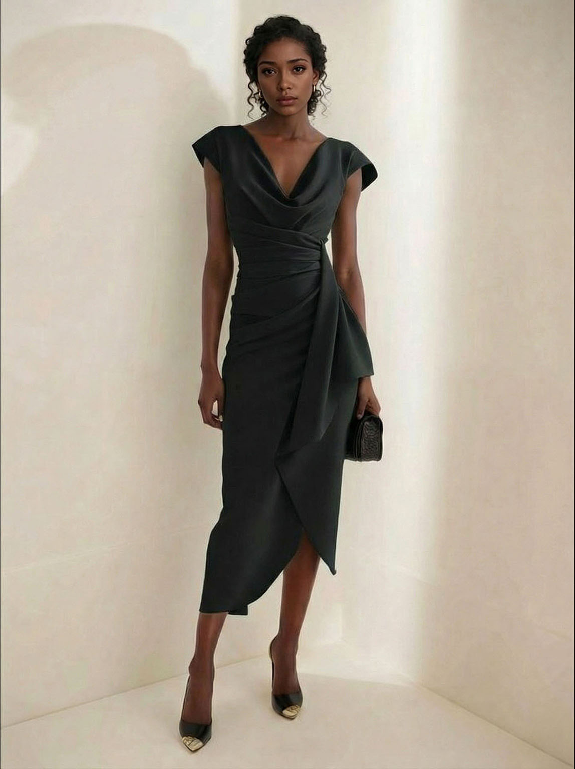 Abito midi elegante aderente con scollo drappeggiato