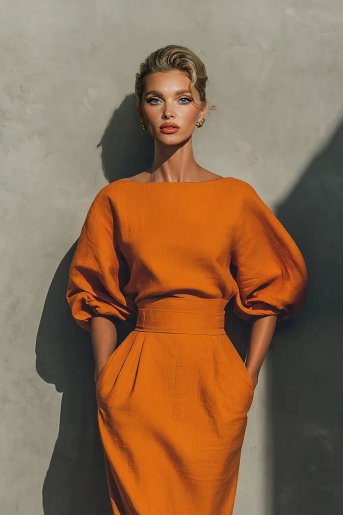 Completo delicato con top a maniche a metà e scollo rotondo e gonna midi con tasche e spacco posteriore
