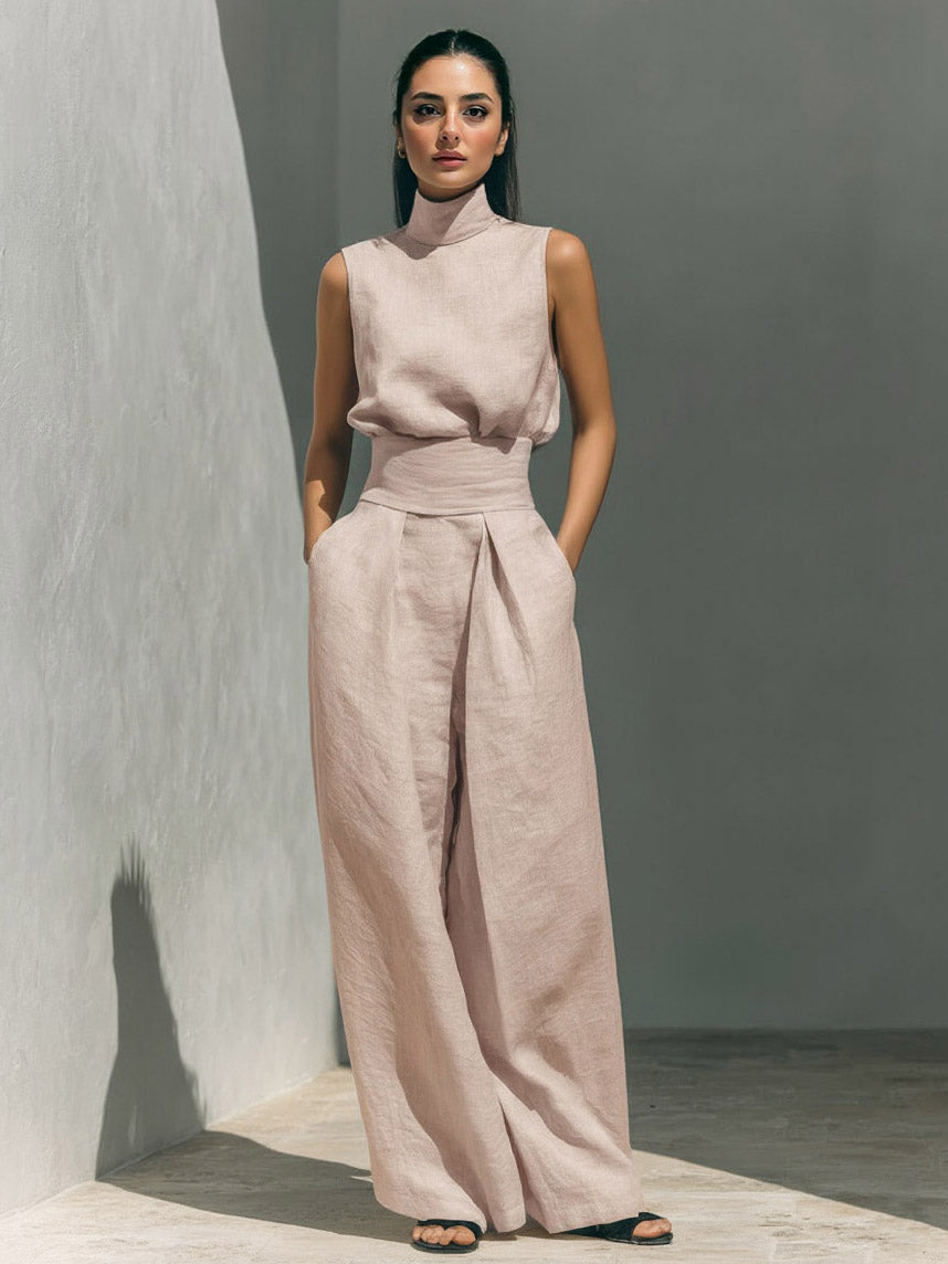 Elegante completo a due pezzi in lino con top a collo alto e pantaloni a gamba larga