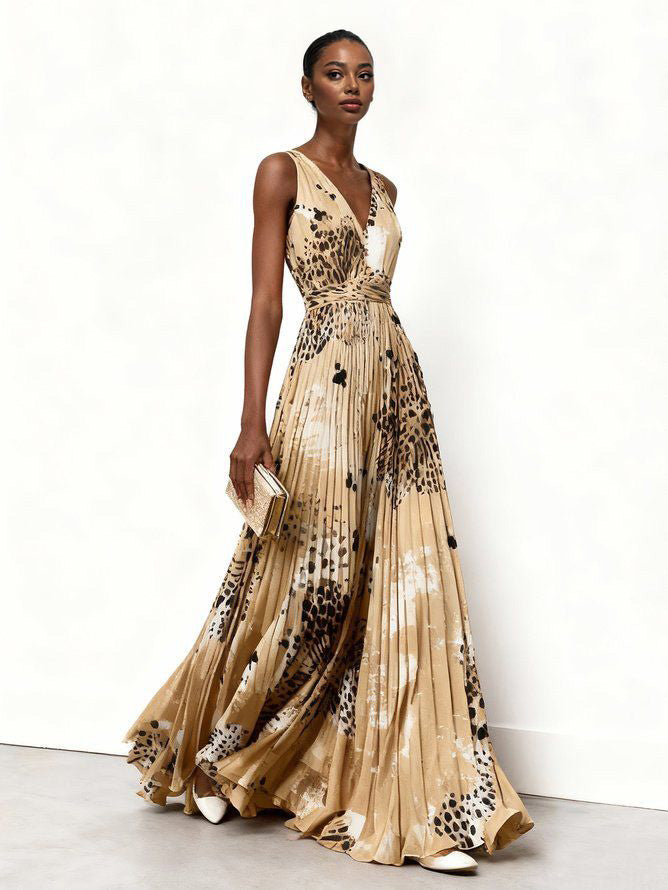 Elegant Sleeveless Pleated Abstract Animal Print Maxi Dress