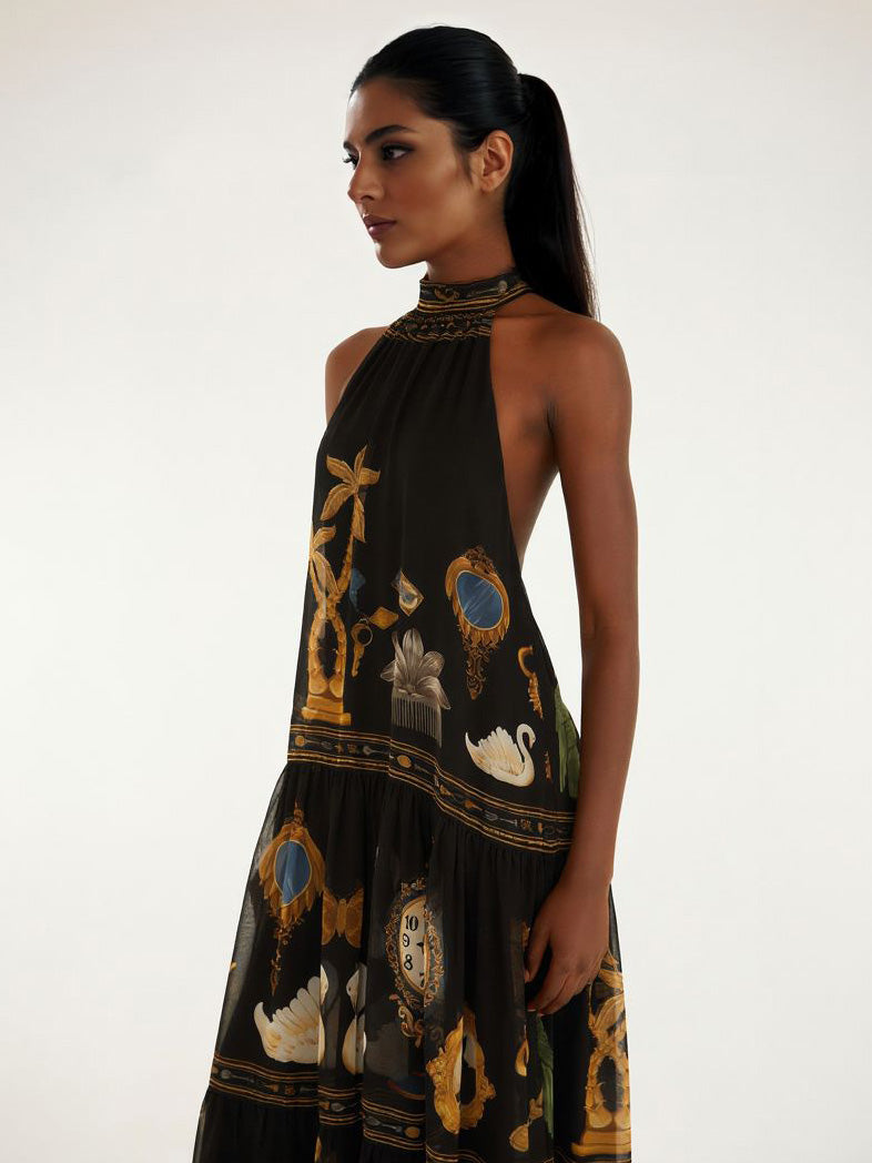 Retro-Maxikleid mit Kunstdruck, rückenfrei und in Lagenoptik