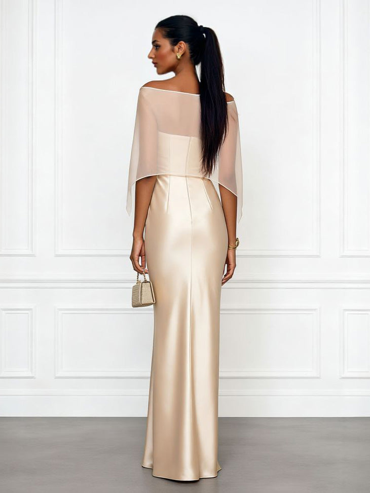 Elegante vestido largo de satén estilo sirena con chal