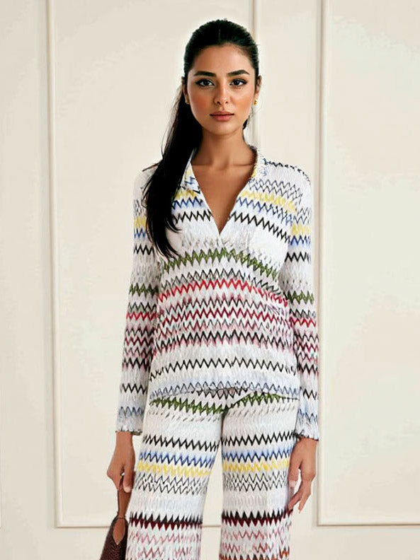 Pantaloni ampi a gamba larga con stampa geometrica a zigzag