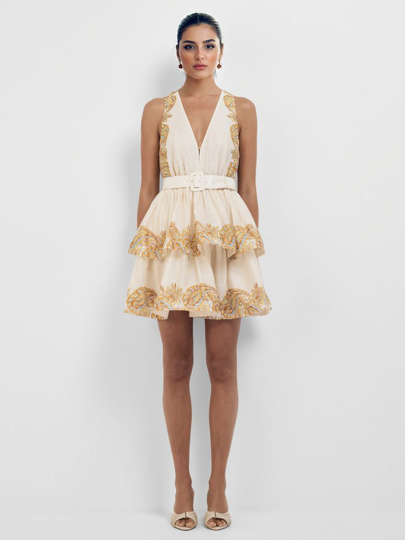 Elegant Paisley Print Sleeveless V-Neck Ruffle Mini Dress