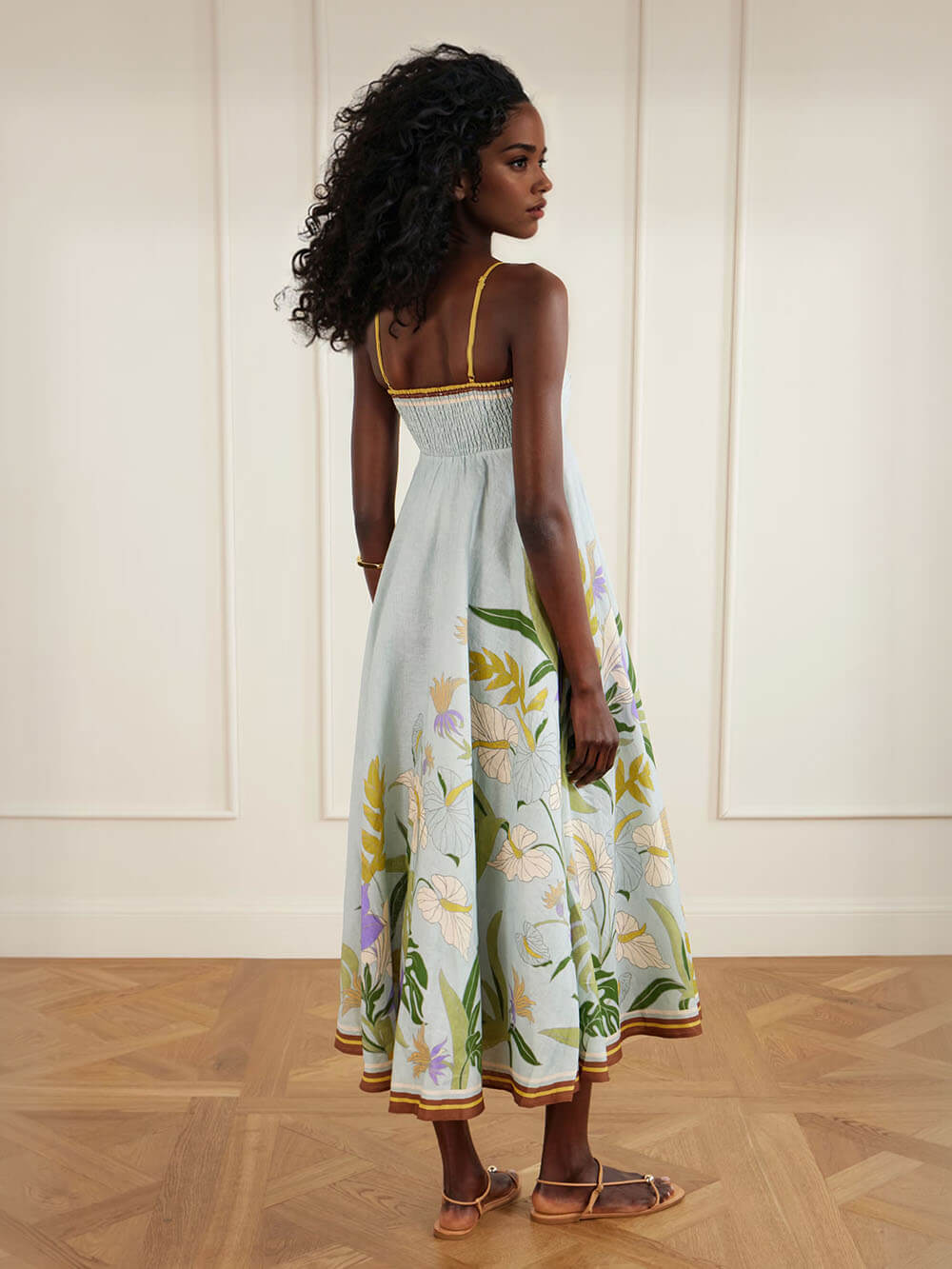 Abito midi in lino con stampa floreale