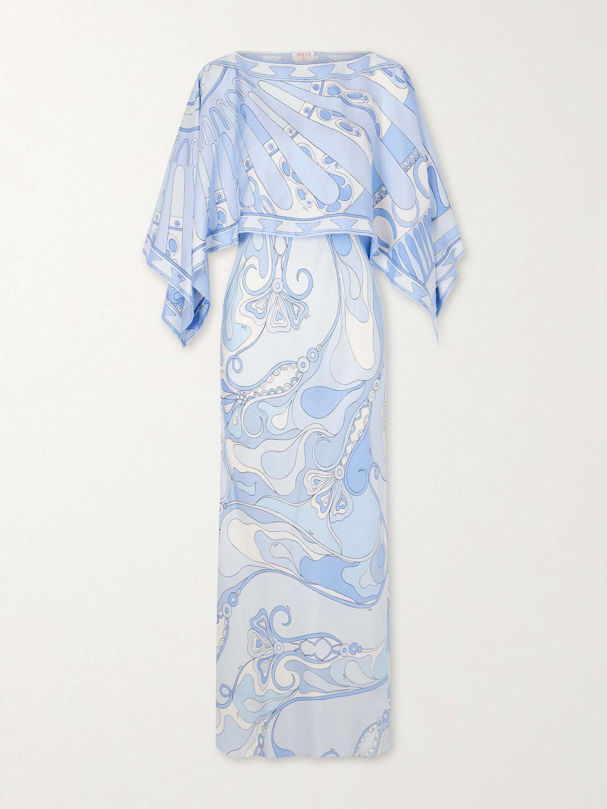 Elegante completo a due pezzi in raso con stampa astratta e maniche a mantella