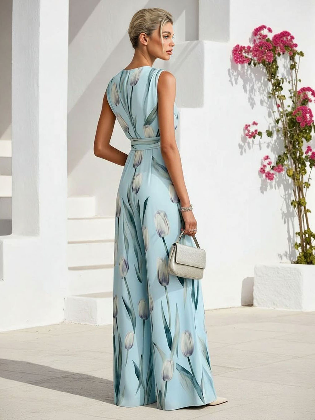 Eleganter Jumpsuit mit floralem Print, V-Ausschnitt und weitem Bein