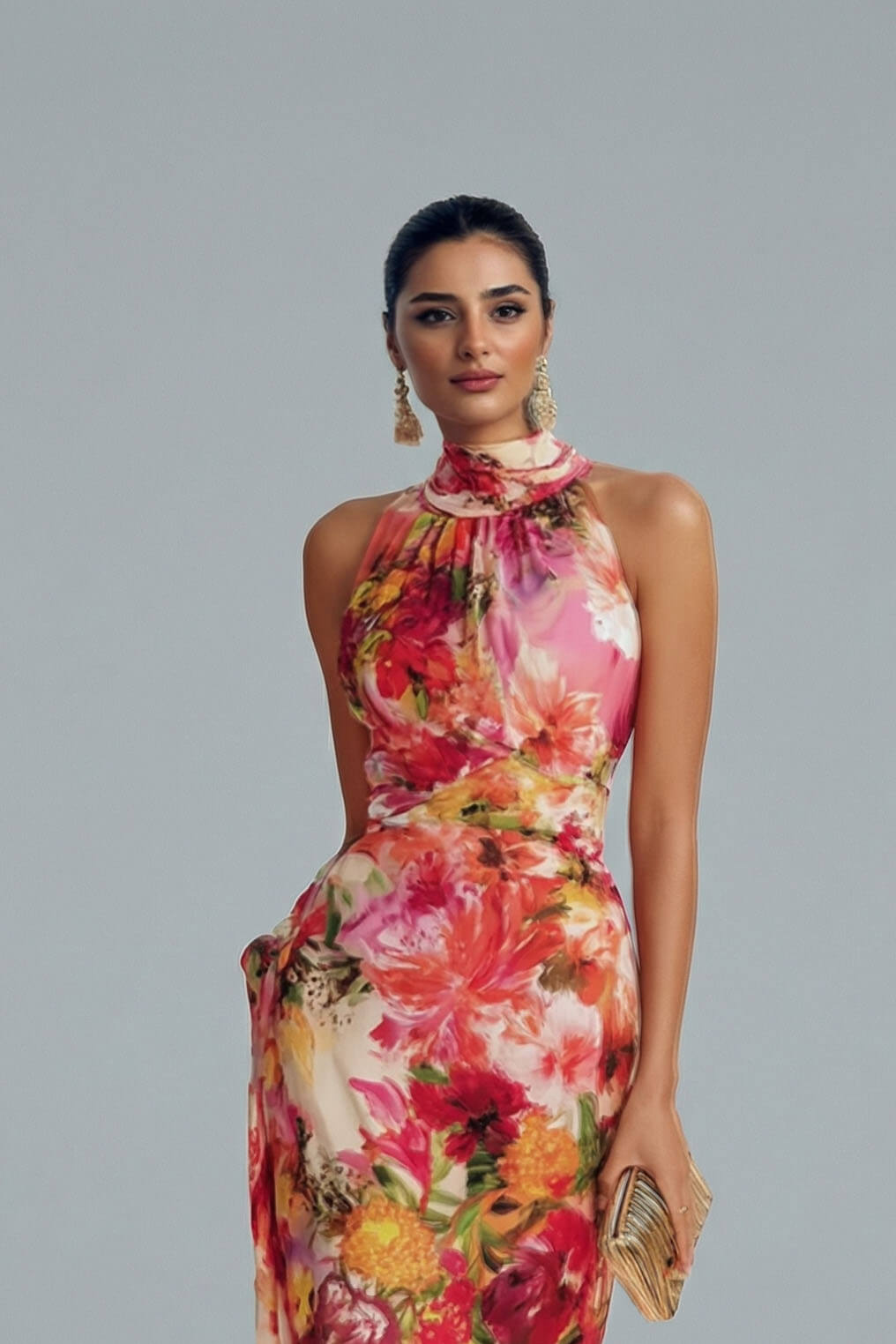 Robe longue trapèze tendance à encolure américaine, sans manches et en mousseline fleurie