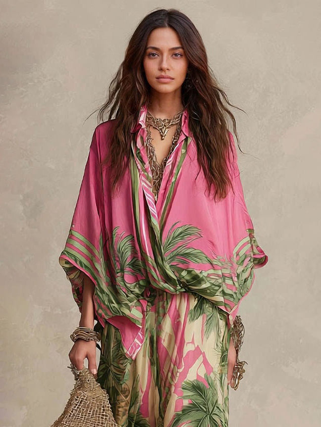 Camicia ampia boho con stampa tropicale e maniche a pipistrello