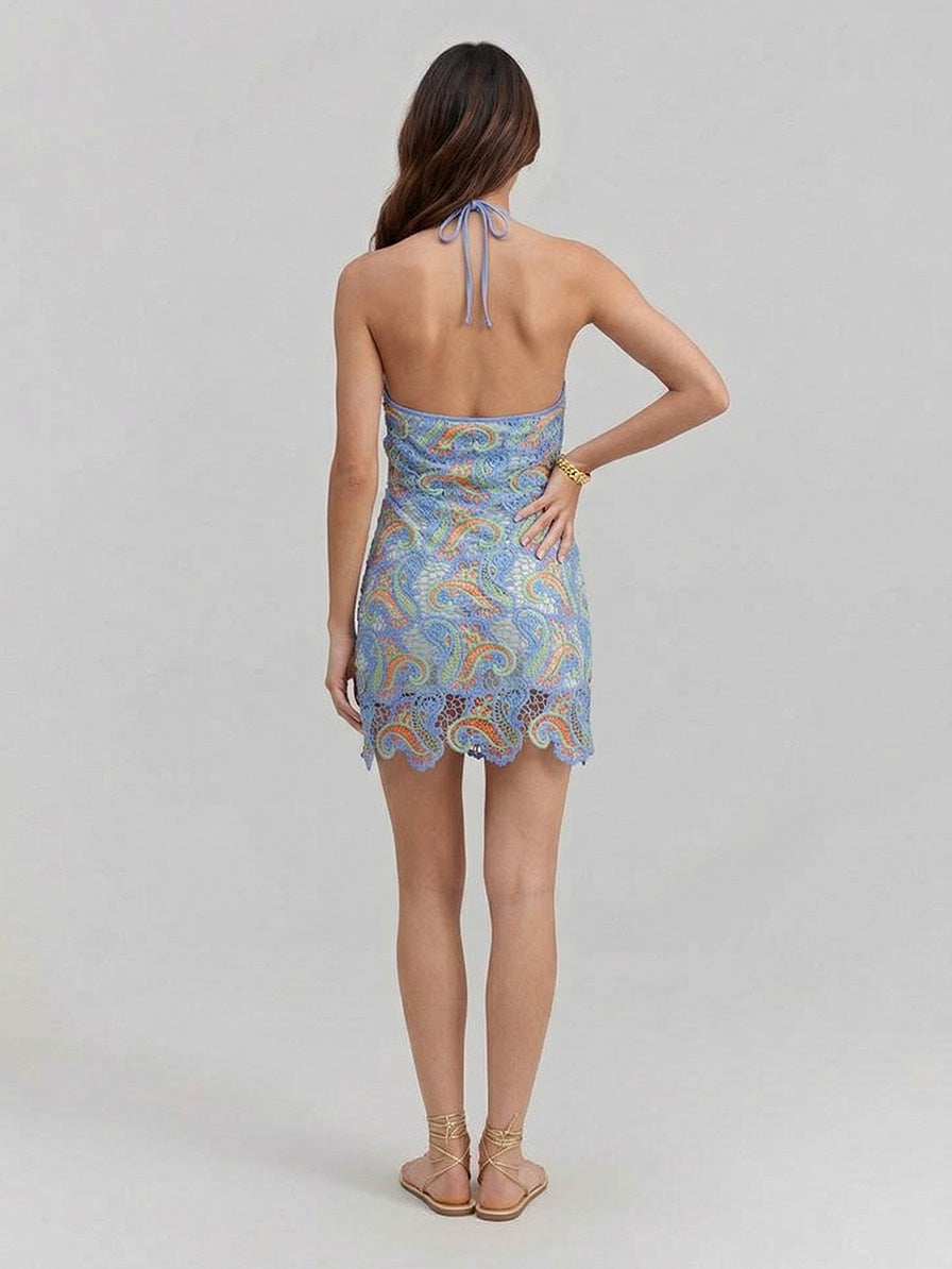 Exquisites gehäkeltes Minikleid mit Paisleymuster und Neckholder