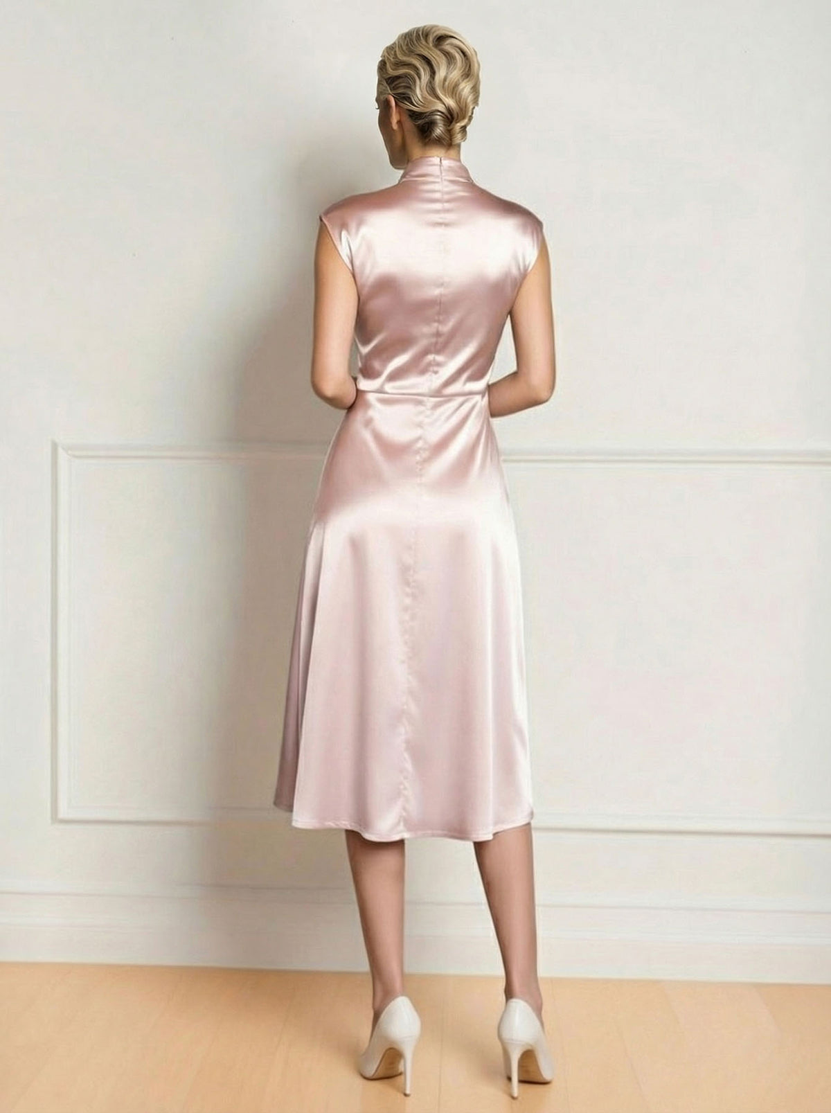 Elegant Draped Satin Cap Sleeve Midi Dress