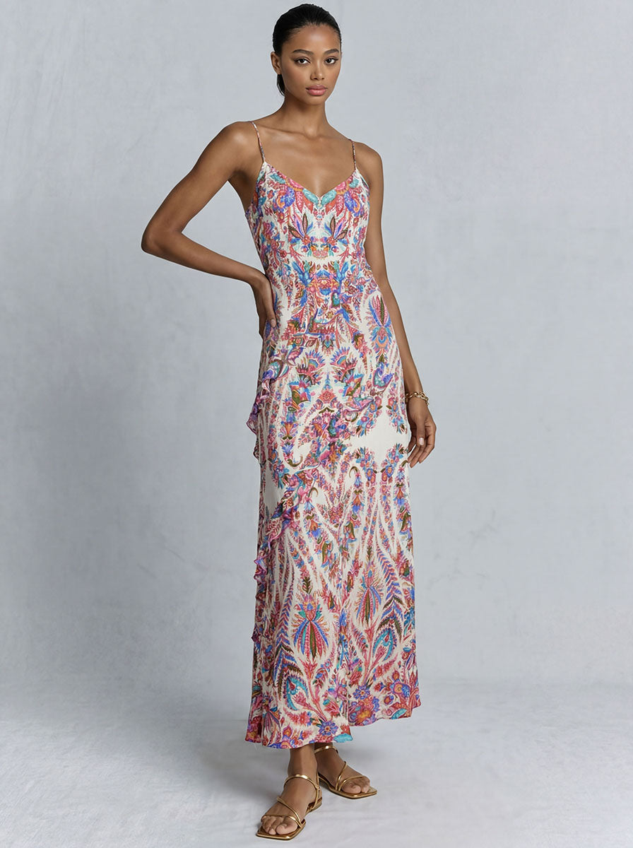 Elegant Paisley Print Ruffled Slip Maxi Dress