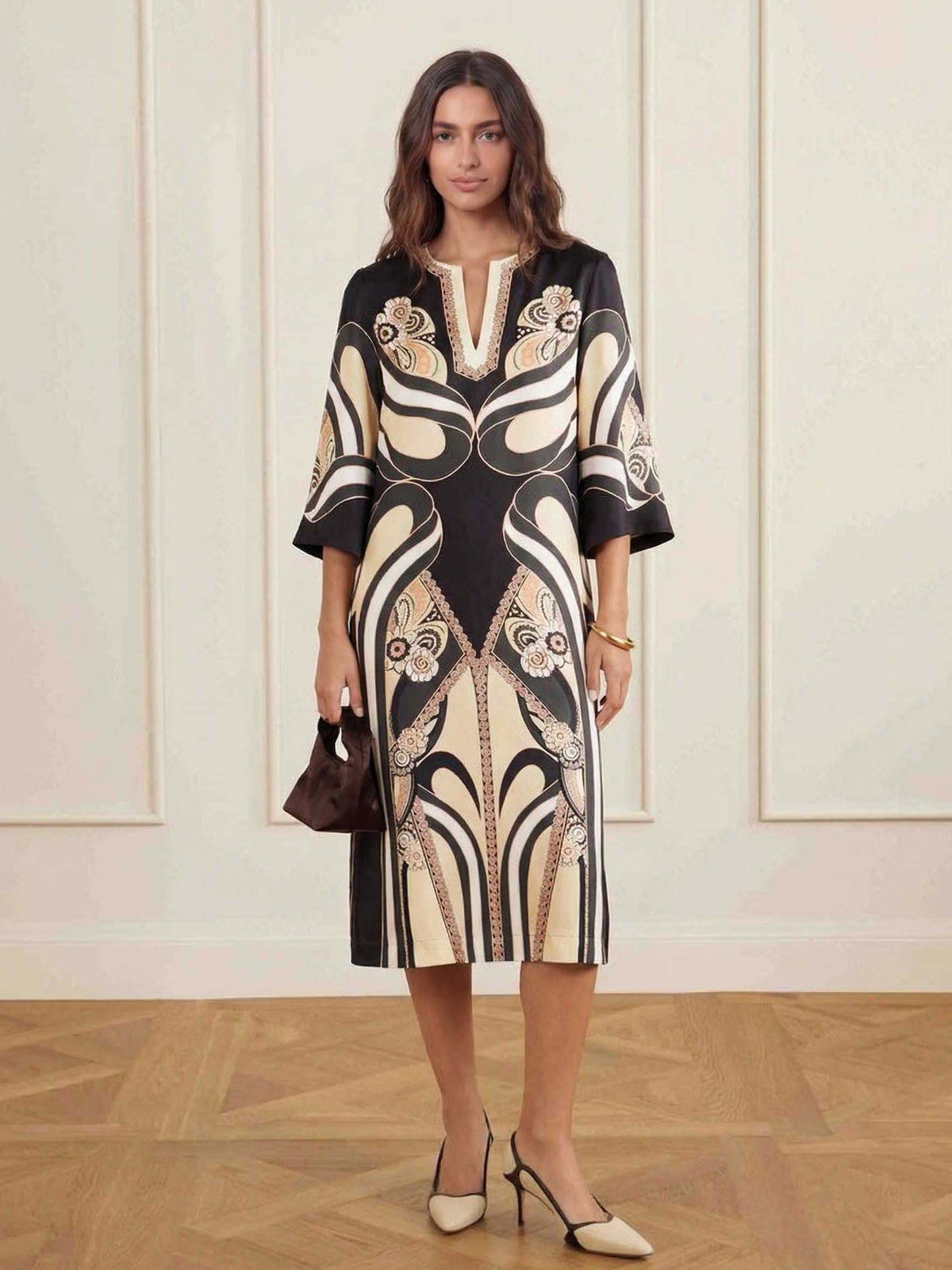 Elegant Satin Abstract Print V-Neck Flared Sleeve Midi Dress