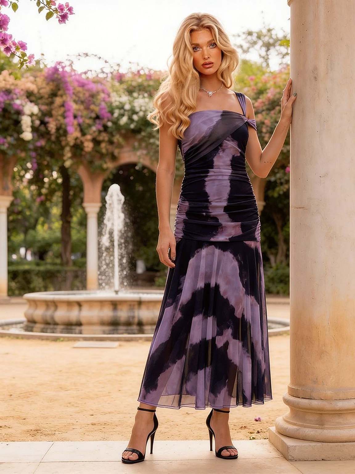 Elegant One-Shoulder Ruched Tie-Dye Chiffon Maxi Dress