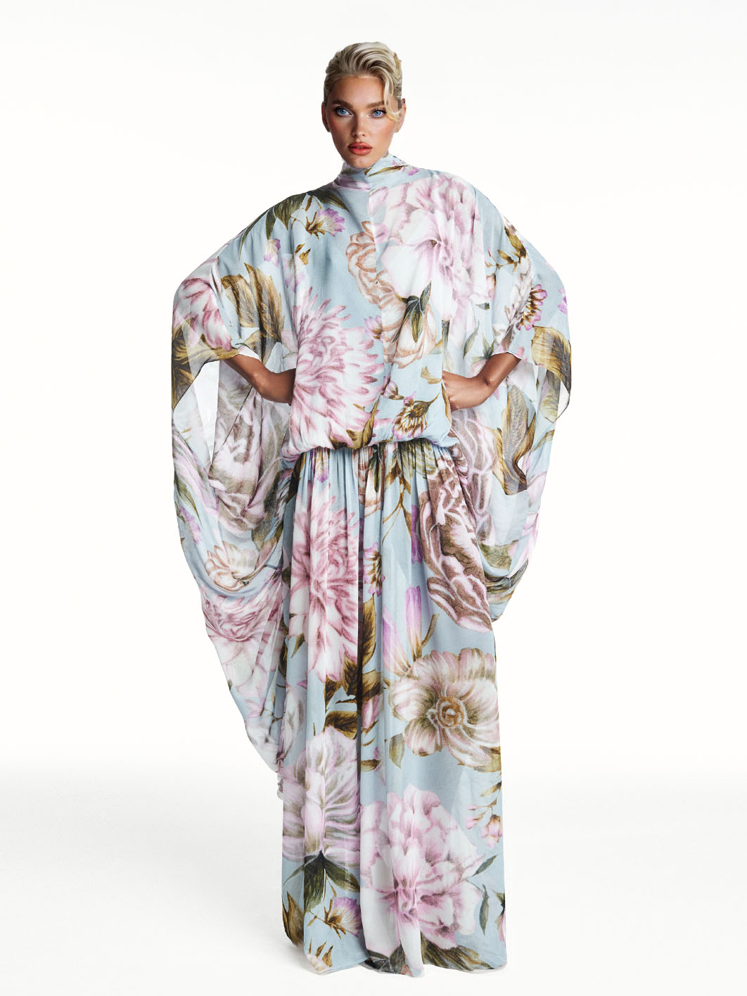 Exquisite Watercolor Floral Print Draped Chiffon Maxi Dress