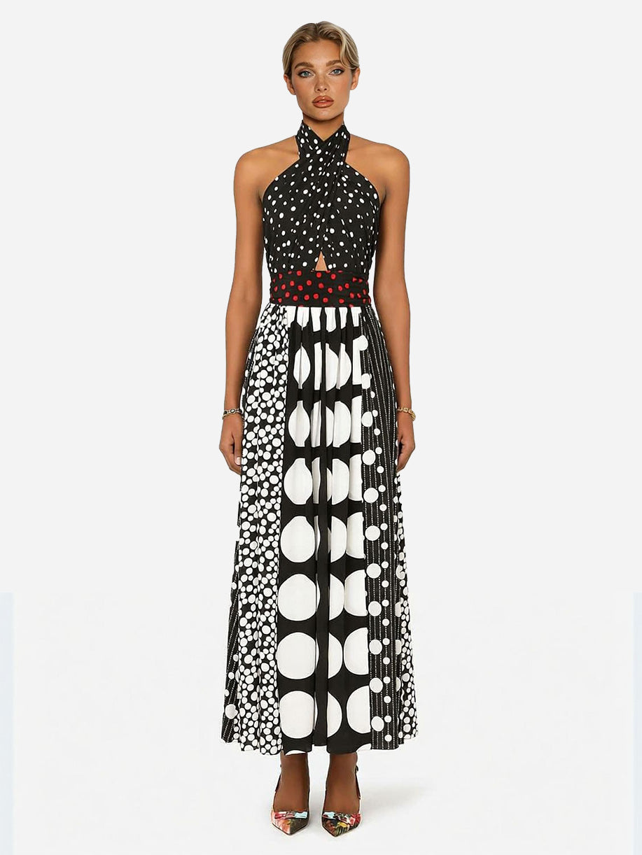 Retro Black & White Polka Dot Backless Maxi Dress