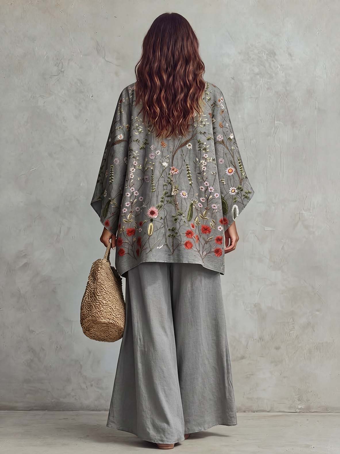 Completo a due pezzi con stampa retrò bohémien, camicia con maniche a pipistrello e pantaloni