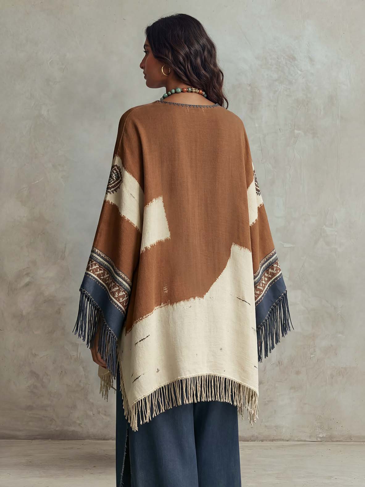 Completo rétro boho a due pezzi con top scialle con frange e stampa etnica