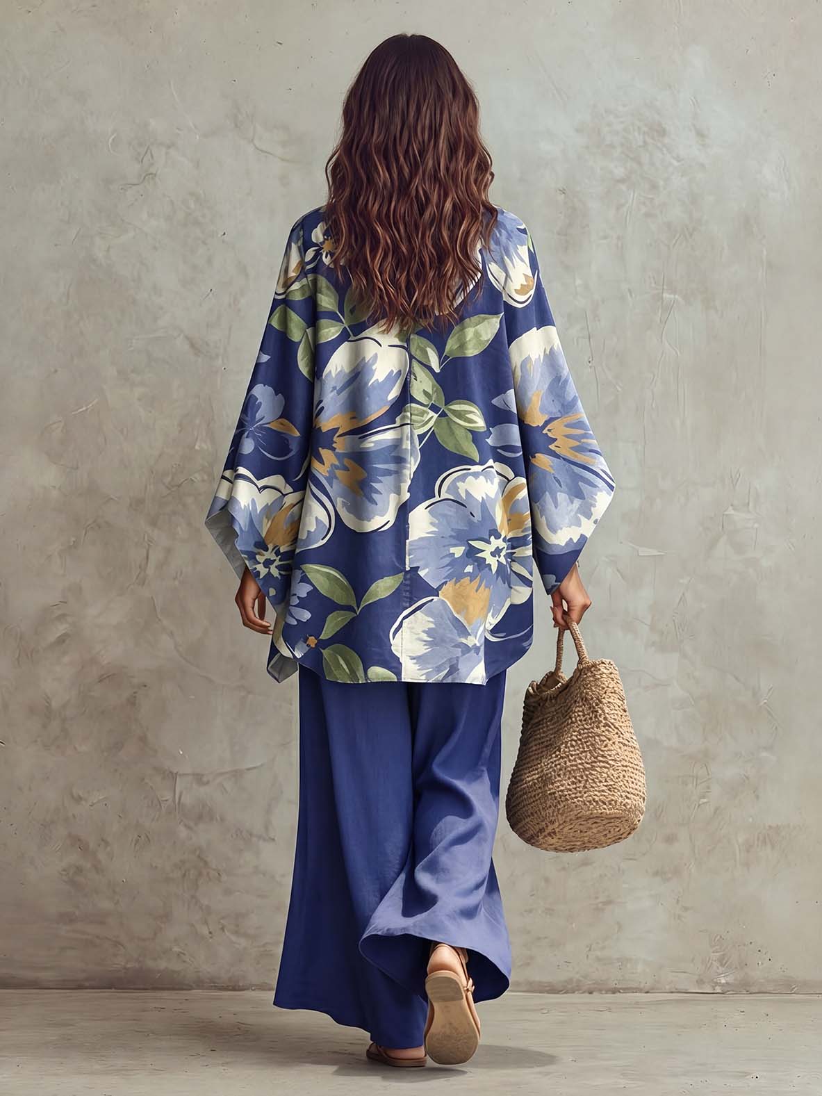 Completo casual a due pezzi con camicia a maniche a pipistrello e pantaloni con stampa floreale