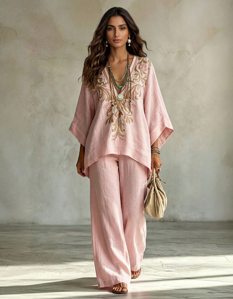 Completo casual ricamato con scollo a V e maniche a pipistrello, due pezzi