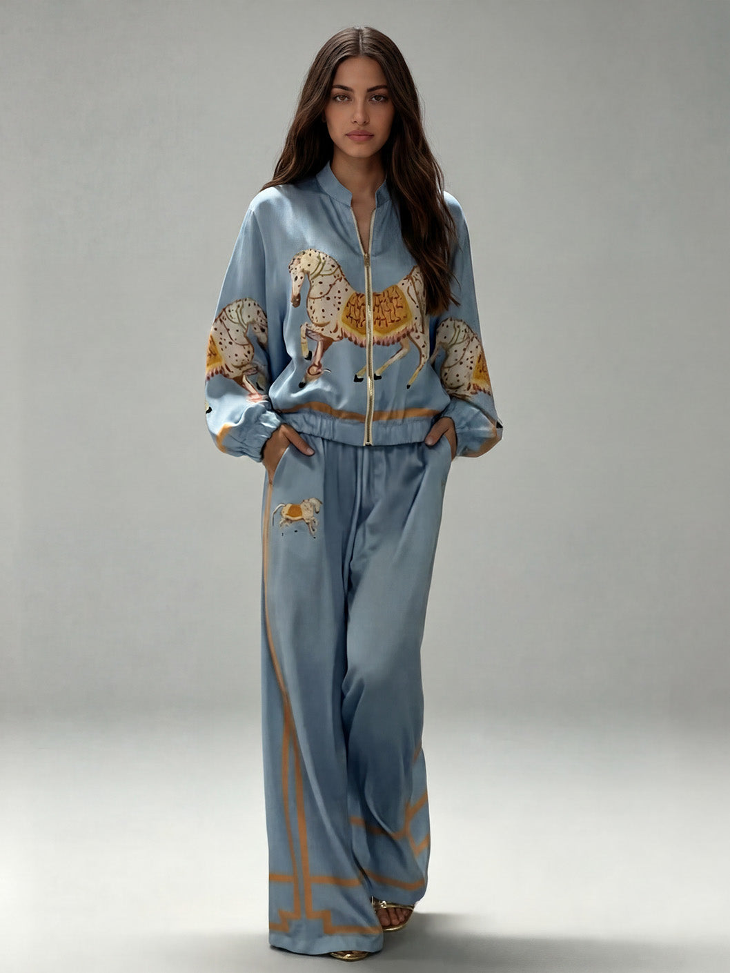 Exquisite Satin Horse Print Wide-Leg Pants